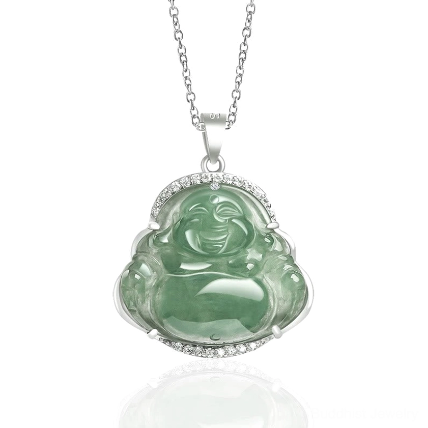 Laughing Buddha jade necklace pendant with diamond halo setting on white background, front view showing emerald green jade carving and silver-toned titanium steel chain