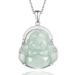 Laughing Buddha jade pendant necklace front view with pale green jade stone and silver titanium steel bezel on minimalist background