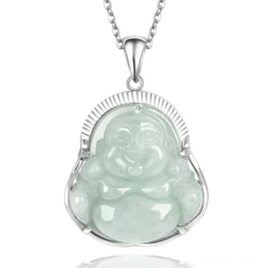 Laughing Buddha jade pendant necklace front view with pale green jade stone and silver titanium steel bezel on minimalist background