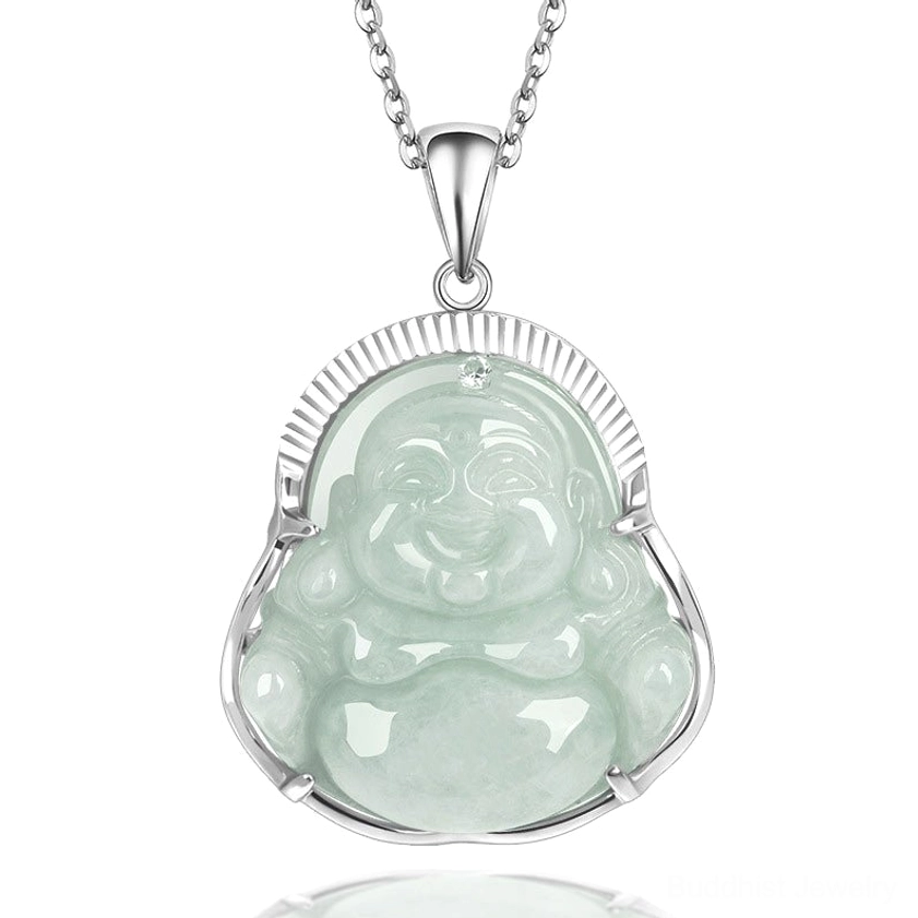 Laughing Buddha jade pendant necklace front view with pale green jade stone and silver titanium steel bezel on minimalist background