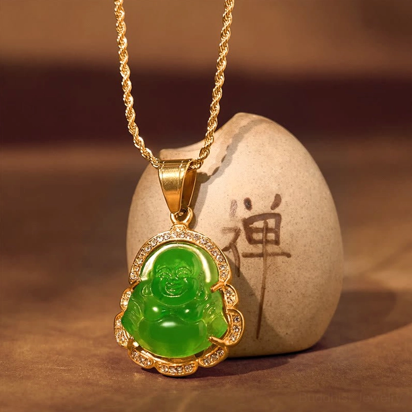 Green jade Laughing Buddha pendant necklace gold twist chain side view zen aesthetic