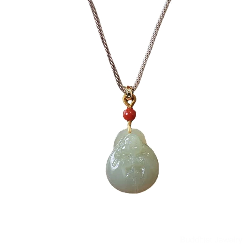 Laughing Buddha jade pendant necklace hanging display showing braided fabric cord and red accent bead