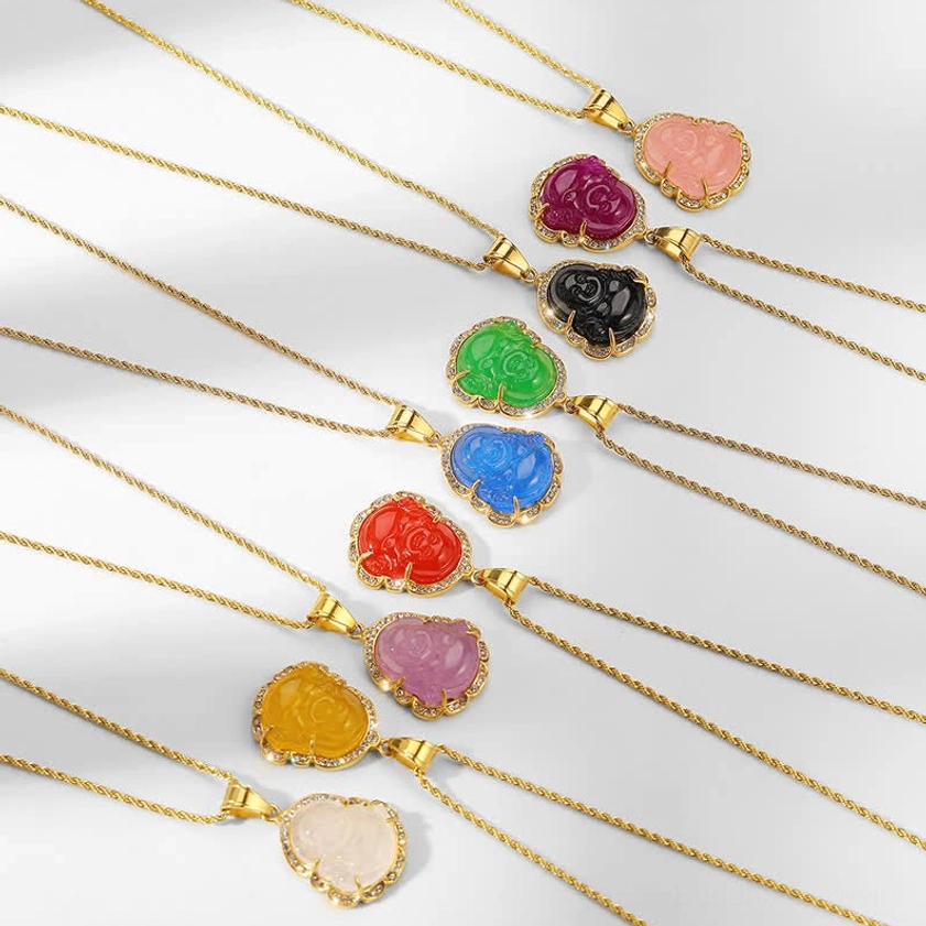 Laughing Buddha jade necklace collection multiple colors gold filled chain display