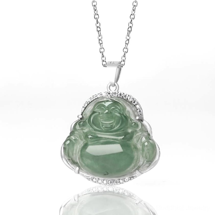 Laughing Buddha jade necklace with plain silver setting without diamond trim, front view on white background