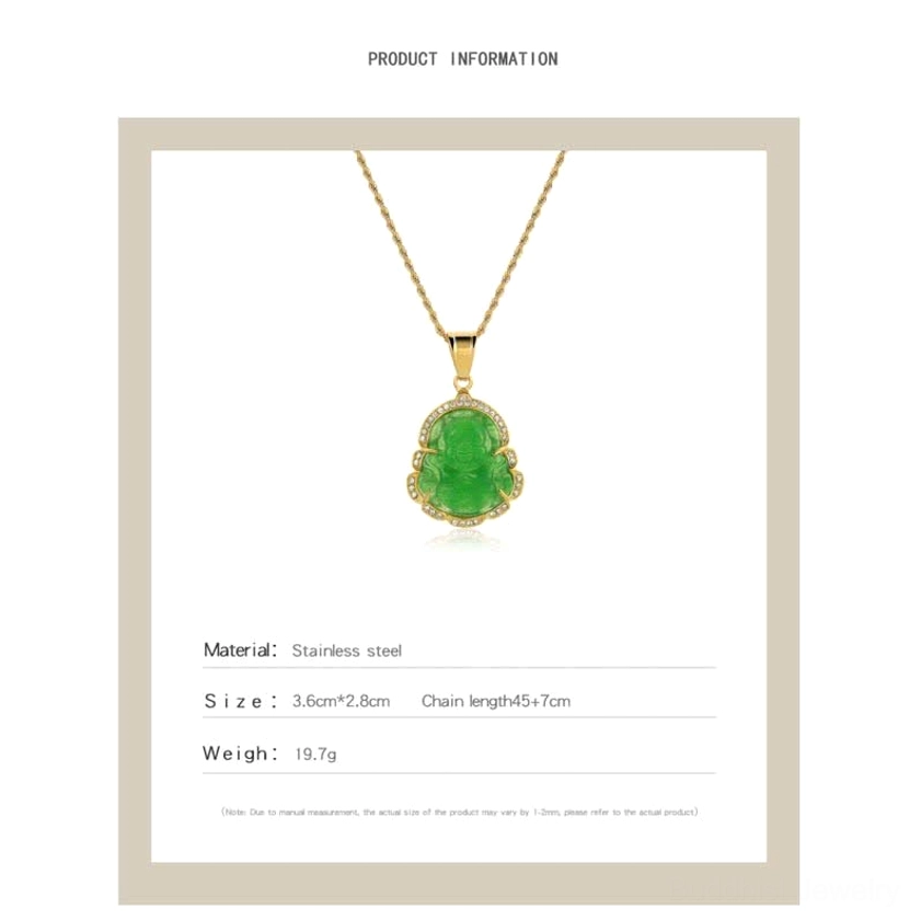 Product specification card displaying Laughing Buddha jade necklace details including material composition, size measurements, chain length, and weight specifications