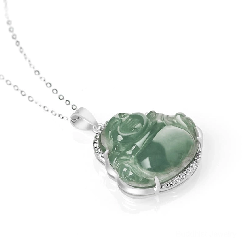 Laughing Buddha jade necklace side profile view showcasing pendant depth and Maitreya Buddha carving on white background