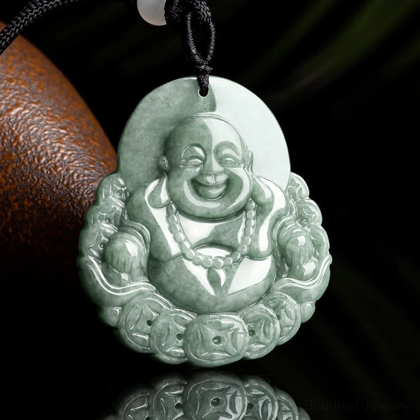 Laughing Buddha natural jade pendant necklace, side front angle displaying carved Buddha face and copper coin frame
