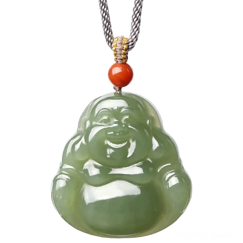 Laughing Buddha jade necklace Buddhist spiritual jewelry piece for abundance and good fortune