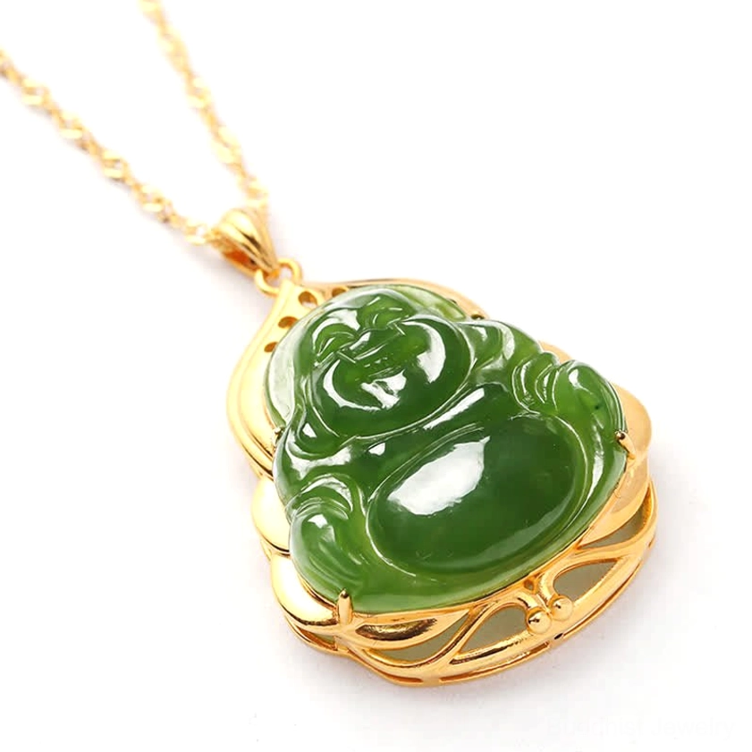 925 sterling silver and 18K gold Laughing Buddha jade necklace pendant, light background product showcase