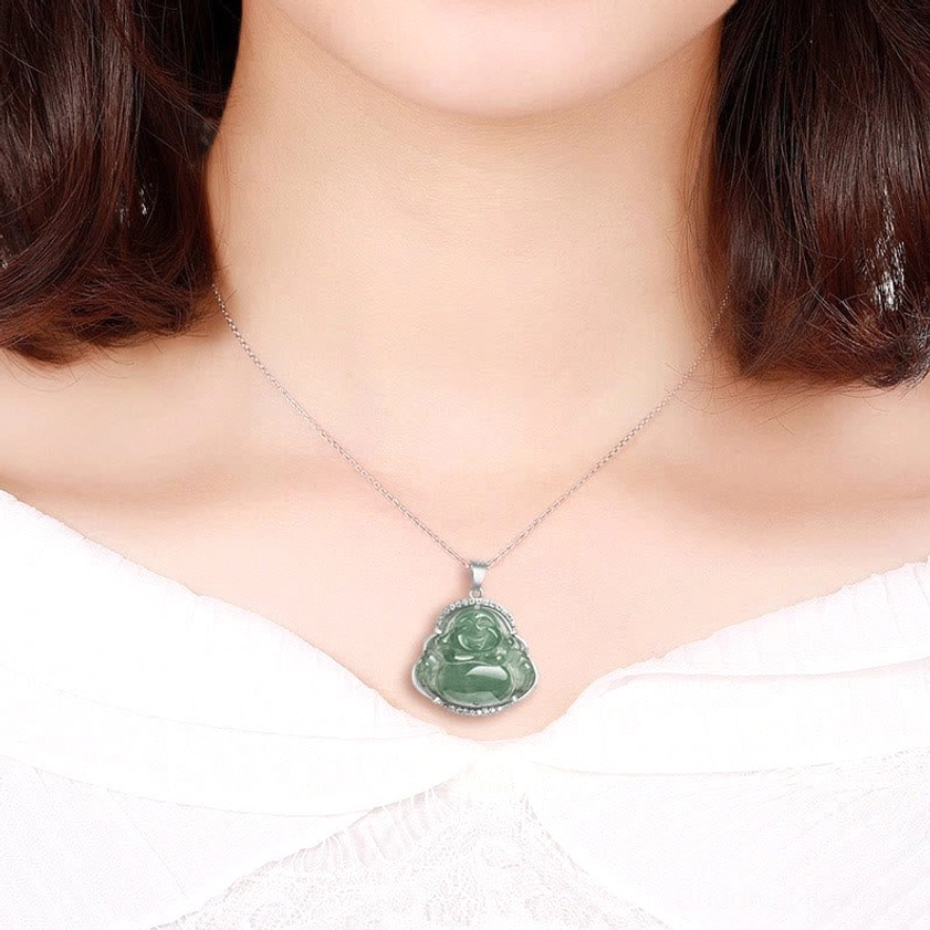 Laughing Buddha jade necklace worn on neck showing how pendant sits close to heart, lifestyle wearing scene with titanium steel chain