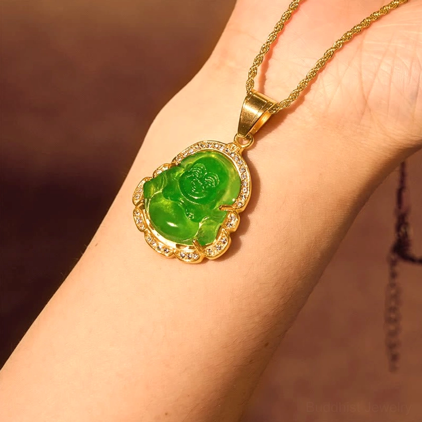 Laughing Buddha jade necklace worn on wrist diamond-trimmed pendant on-body display