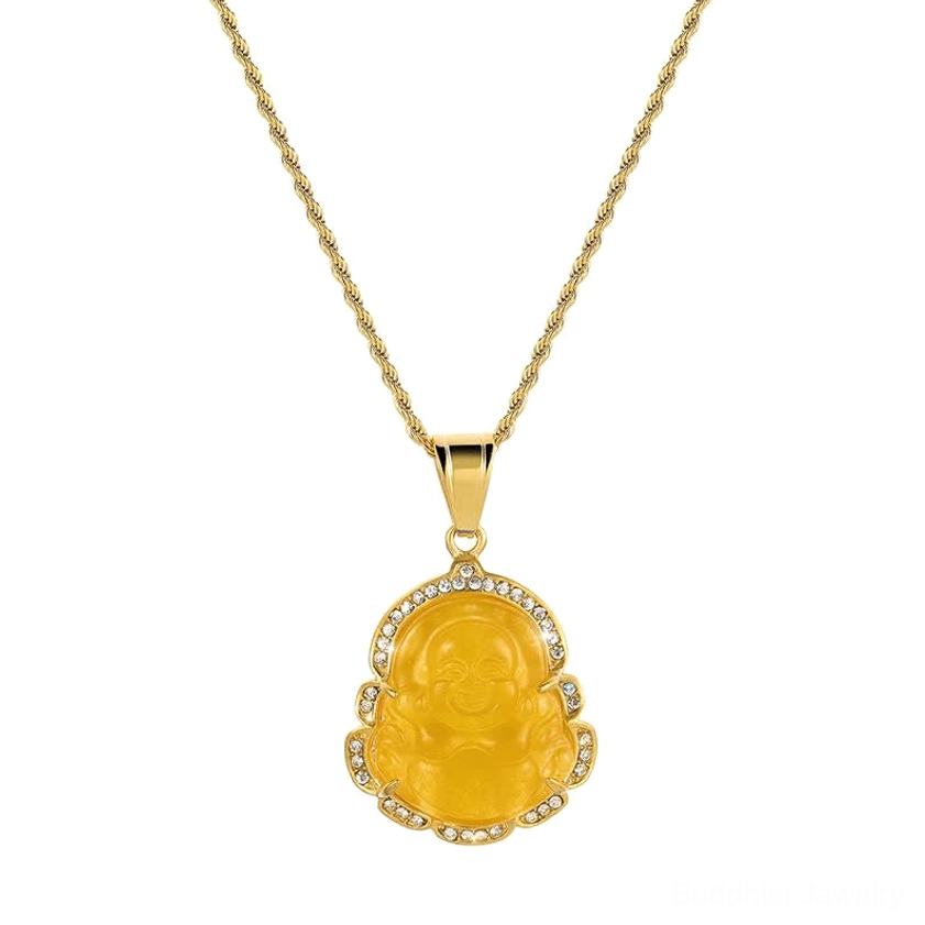 Yellow jade Laughing Buddha necklace pendant showing bright warm-toned jade carving with twisted gold chain and rhinestone decorative border