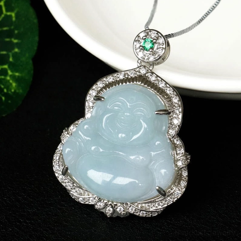 Pale blue natural jade Laughing Buddha pendant necklace oblique view with thin silver chain