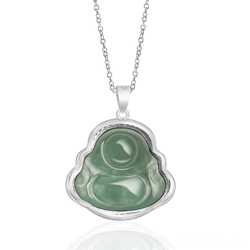 Back view of Laughing Buddha jade pendant showing reverse side of carved Buddha and plain silver-toned metal backing