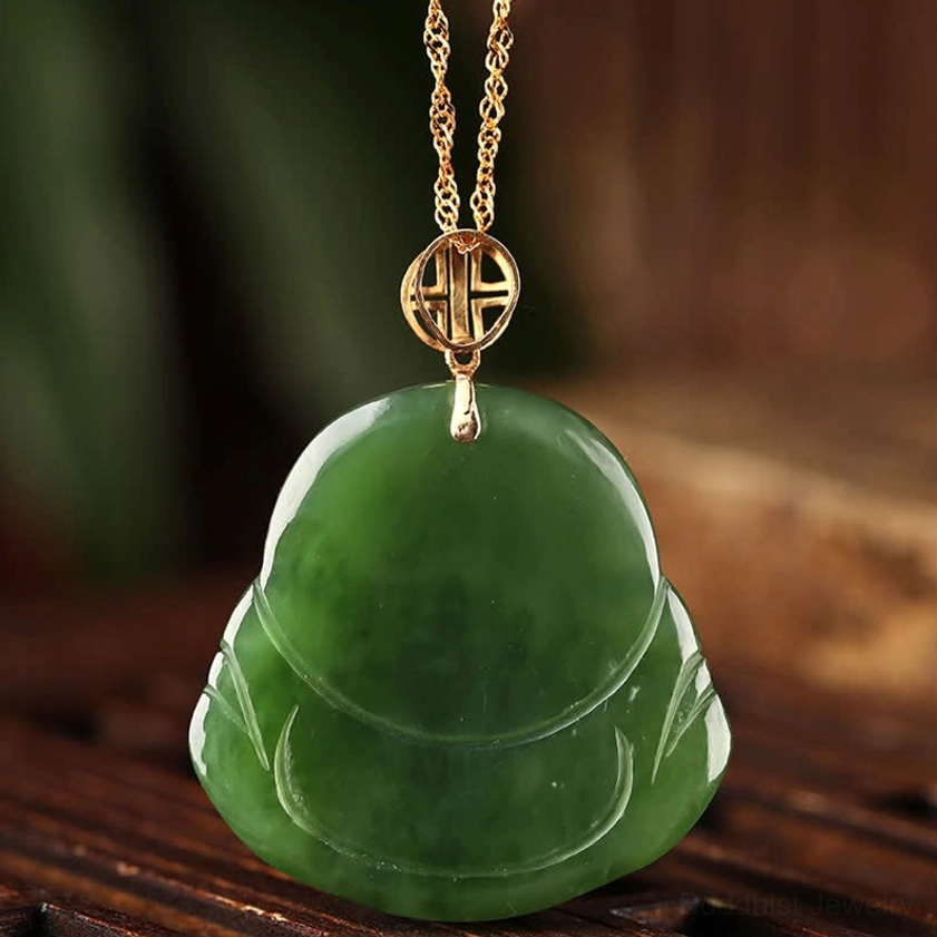 Back view of laughing Buddha jade pendant showing smooth flat jade surface and rounded contoured shape