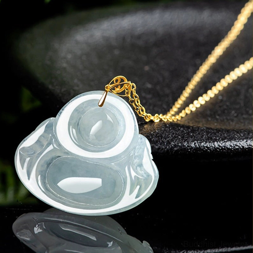 Back view of jade Laughing Buddha pendant necklace showing rear carving details and gold bail ring attachment
