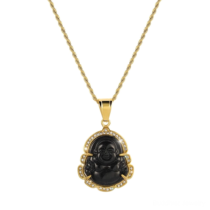 Black jade Laughing Buddha necklace pendant in flat lay view showing dark stone carving with 18K gold-filled frame and rhinestone accents
