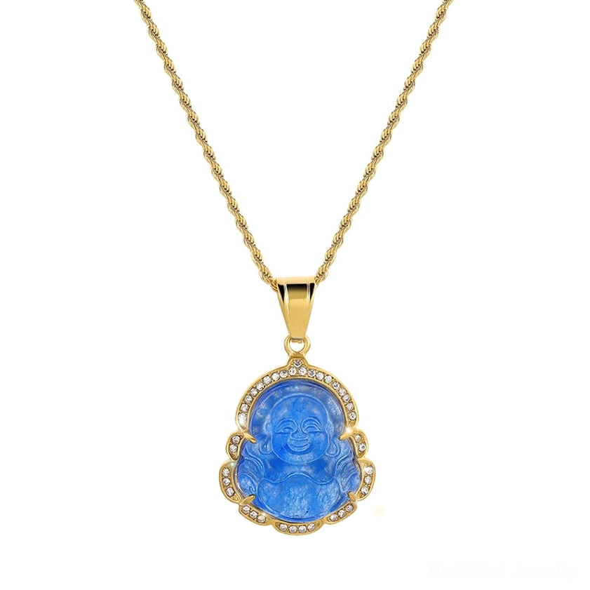 Blue jade Laughing Buddha necklace pendant displayed on white background featuring serene blue stone carving with 18K gold-filled frame