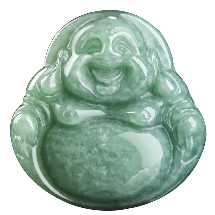 Extreme close-up of Laughing Buddha jade pendant showing detailed Maitreya Buddha carving with glossy green jade and serene expression