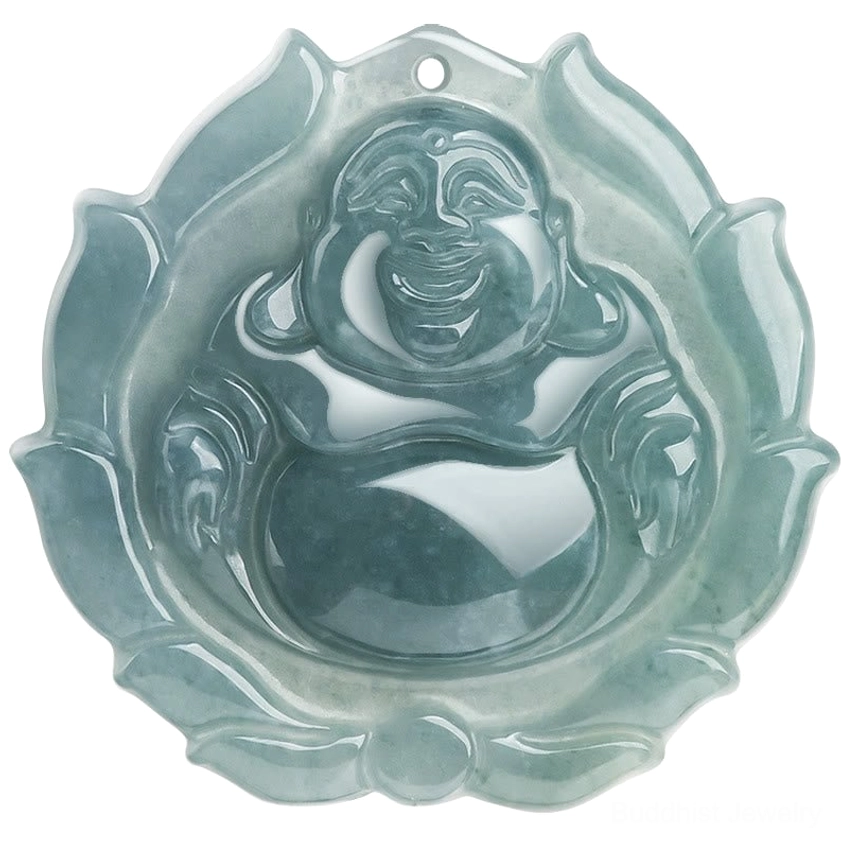 Extreme close-up of jade laughing Buddha pendant with lotus petal frame carving details