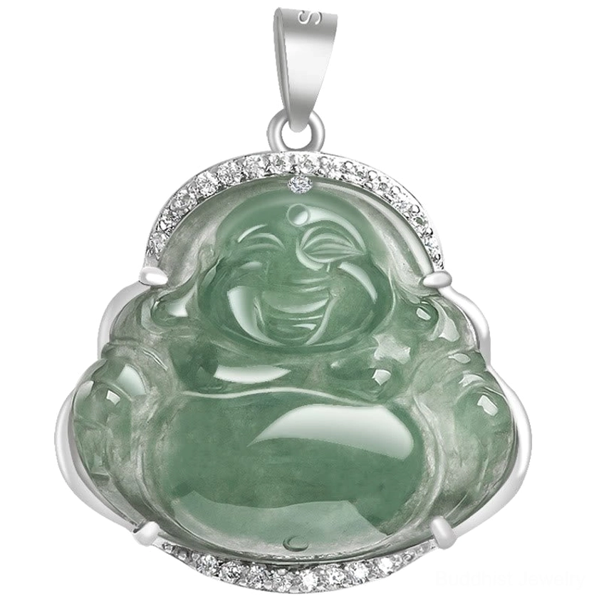 Close-up detail of Laughing Buddha jade pendant face with full diamond halo setting, front close-up view showing intricate carved smiling Buddha features