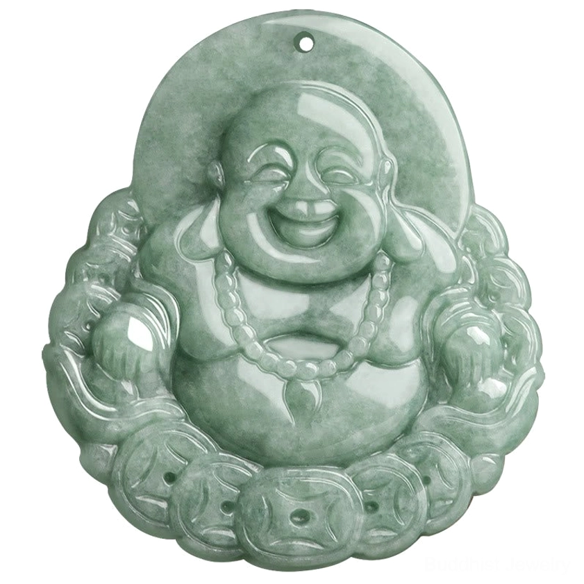 Close-up of Laughing Buddha jade pendant showing detailed carved Buddha face, hanging loop, and jade texture