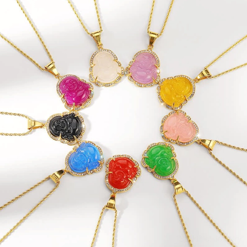 Assorted colored Laughing Buddha jade pendants with gold chains circular arrangement
