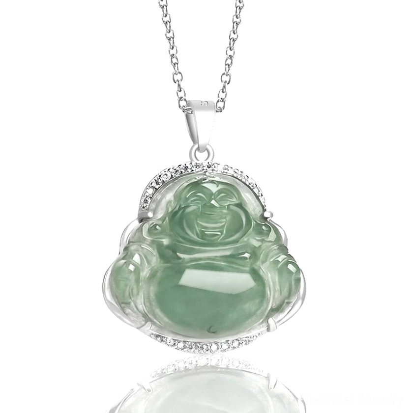 Green jade Laughing Buddha pendant with full diamond crystal halo accent, front flat lay showing intricate carved Buddha face and decorative stone setting