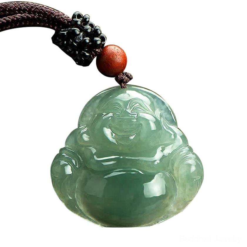 Close-up full view of green jade Laughing Buddha pendant with red bead and black braided cord on clean white background, pendant detail