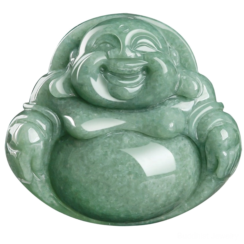 Extreme close-up of laughing Buddha cyan jade pendant face showing detailed carved smile and polished finish