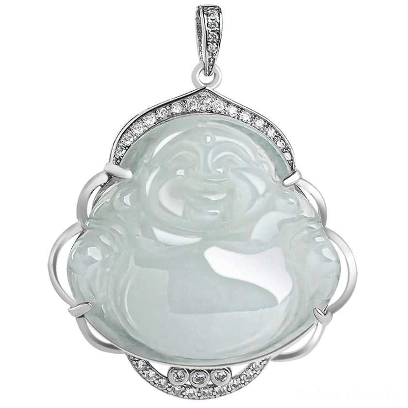 Laughing Buddha jade pendant flat lay front close-up complete zircon inlaid silver frame smiling Maitreya Buddha carving