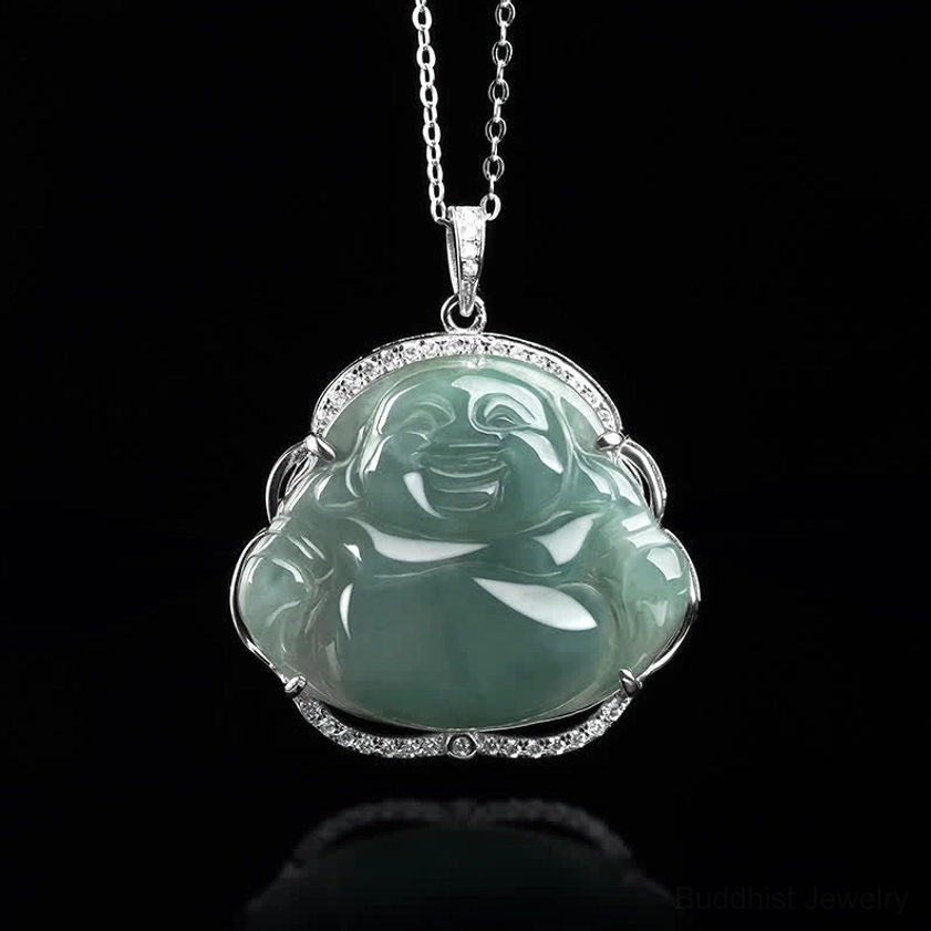 Front view of Laughing Buddha jade pendant with polished surface and titanium steel CZ inlaid frame on black background