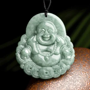 Laughing Buddha jade pendant with copper coin border, front top view showing intricate carving and light green jadeite