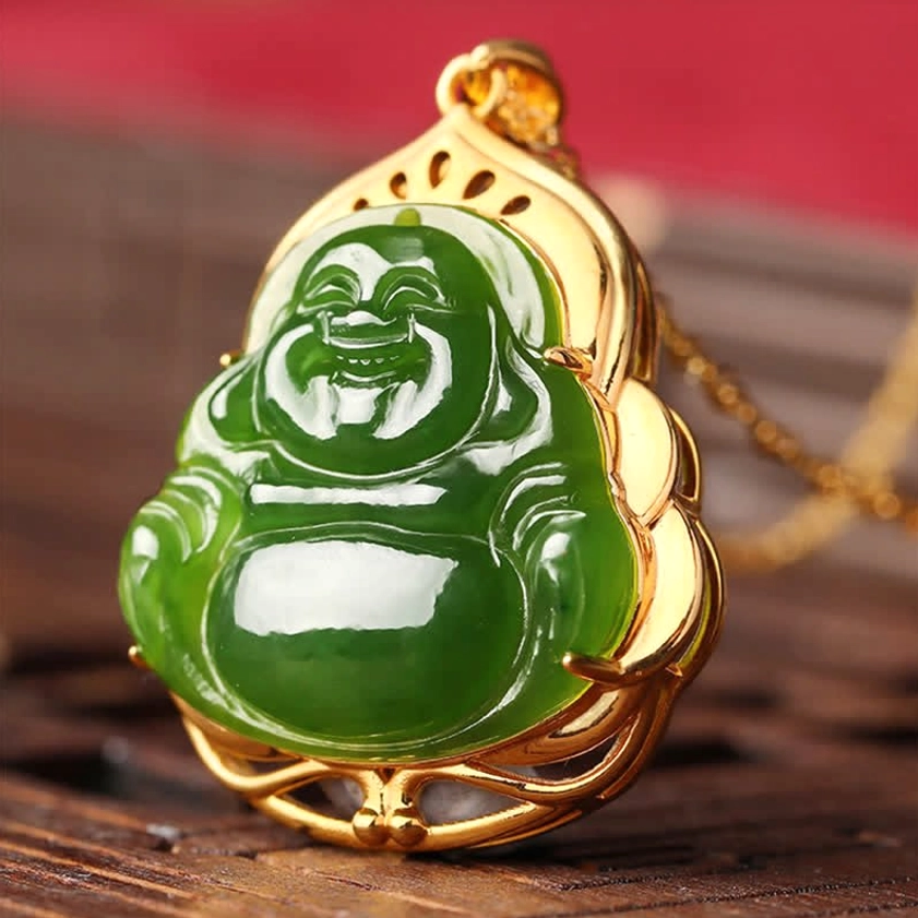 Large natural cyan jade Laughing Buddha pendant with detailed smiling expression and gold embellishment