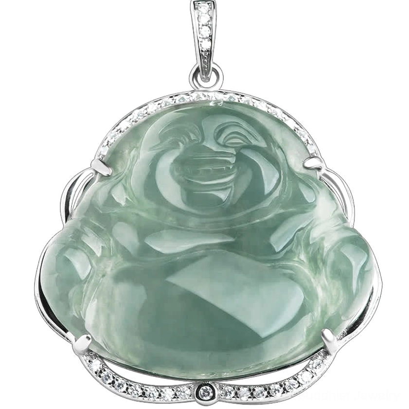 Full-sized Laughing Buddha jade carving pendant with high-clarity green jade on minimalist white background