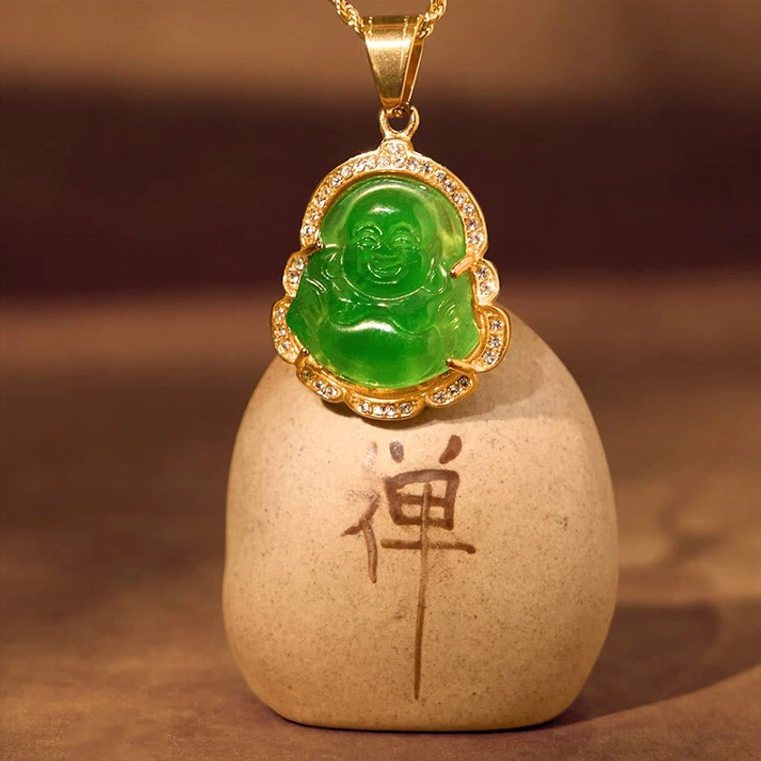 Green jade Laughing Buddha necklace pendant details gold hardware close-up