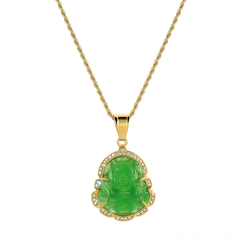 Green jade Laughing Buddha necklace pendant in frontal view on white background featuring thin gold chain and rhinestone-bordered frame
