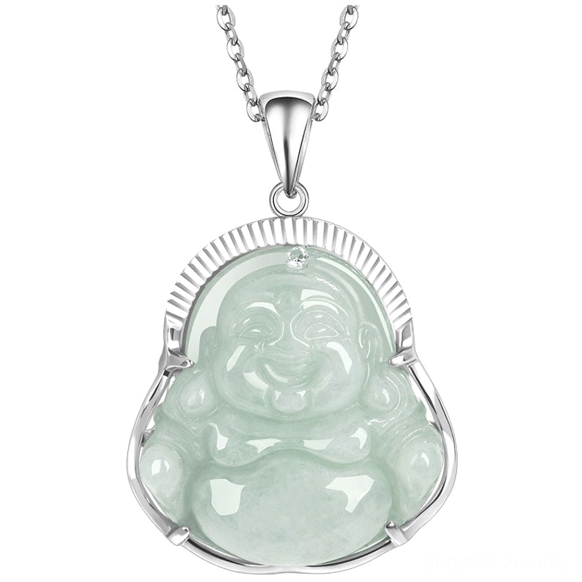Large laughing Buddha jade pendant front close-up showcasing oversized natural jade carving with silver metal bezel
