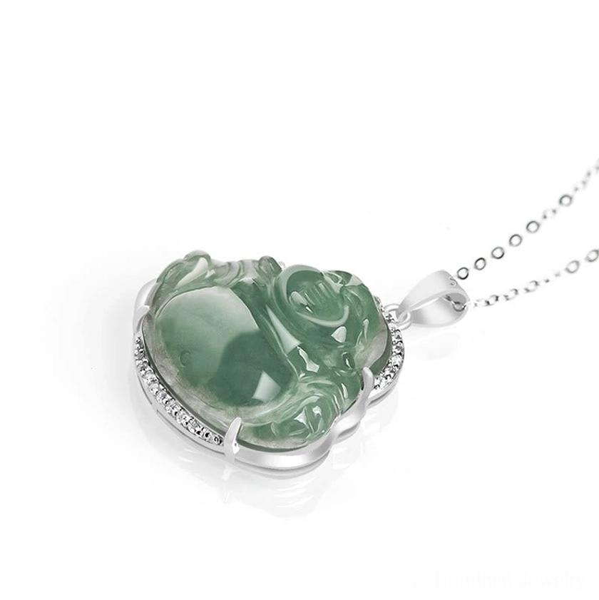 Low angle side view of Laughing Buddha jade pendant on titanium steel chain showing pendant assembly and chain links