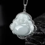 Laughing Buddha jade pendant necklace handmade with natural stone front close-up view showing detailed Maitreya Buddha carving and silver zircon frame