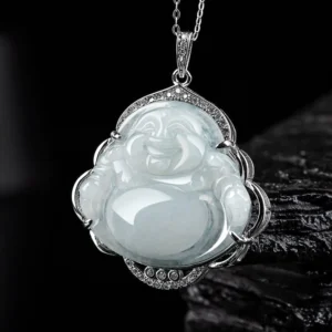 Laughing Buddha jade pendant necklace handmade with natural stone front close-up view showing detailed Maitreya Buddha carving and silver zircon frame