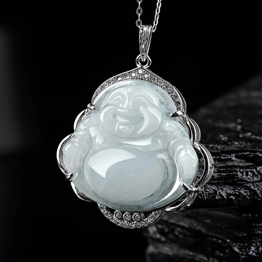 Laughing Buddha jade pendant necklace handmade with natural stone front close-up view showing detailed Maitreya Buddha carving and silver zircon frame
