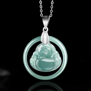 Laughing Buddha jade pendant necklace front view - natural green jade circular pendant with silver metal frame on pure black background