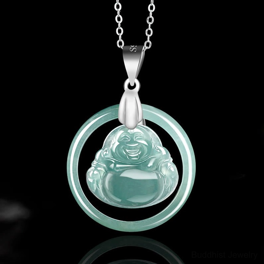 Laughing Buddha jade pendant necklace front view - natural green jade circular pendant with silver metal frame on pure black background
