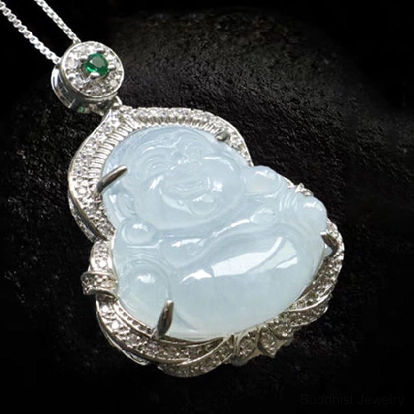 Laughing Buddha jade necklace product lifestyle view showing authentic Buddhist pendant jewelry