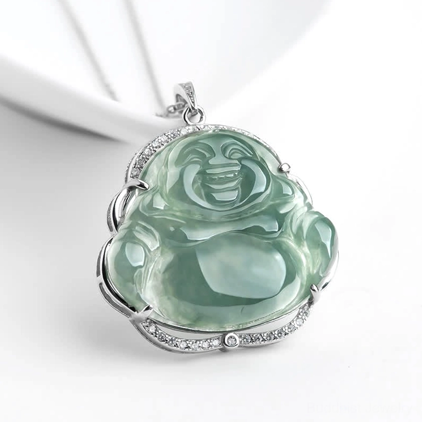 Laughing Buddha jade pendant necklace with titanium steel CZ frame, translucent green jade carving on white background