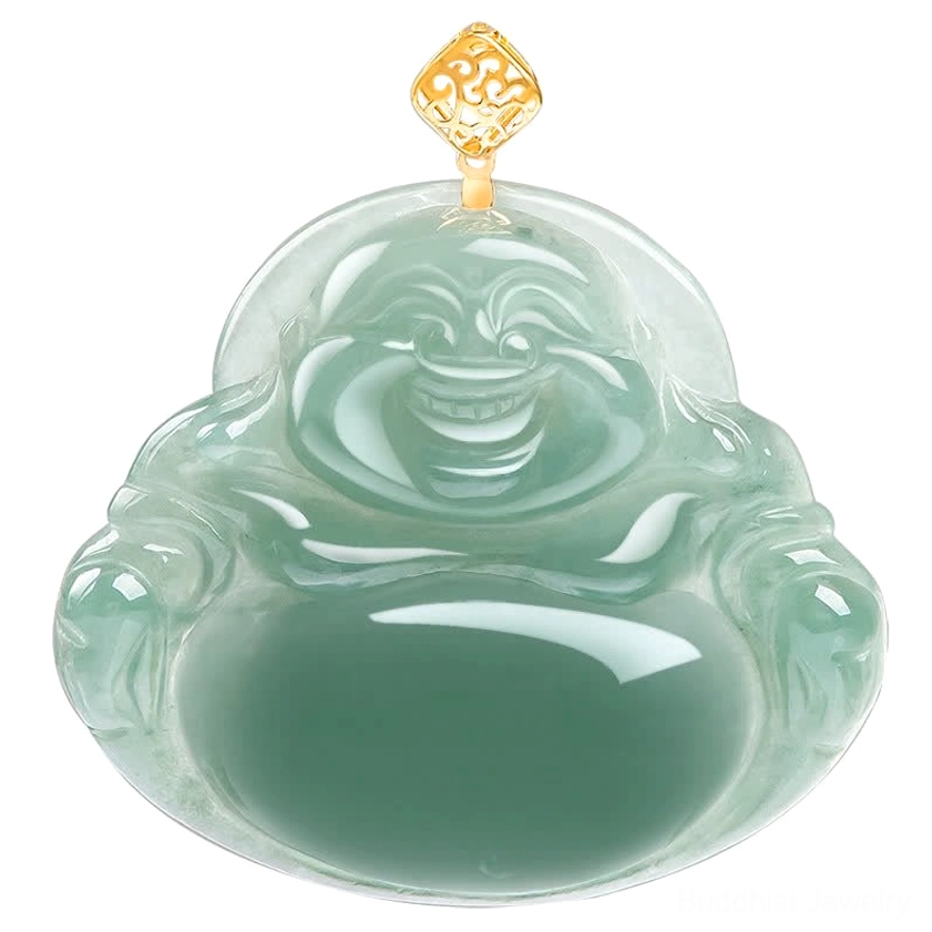 Rich teal green high-polished jade Laughing Buddha pendant with gold clasp on white background