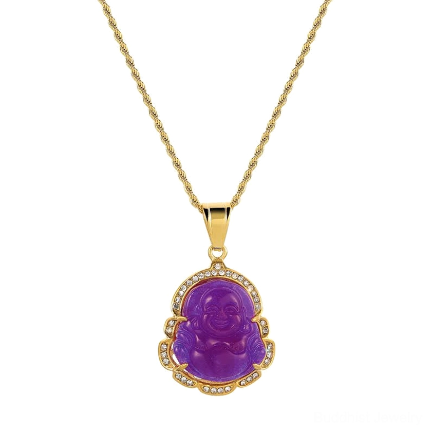 Purple jade Laughing Buddha necklace pendant in flat lay on white background featuring rich purple stone with 18K gold-filled protective frame