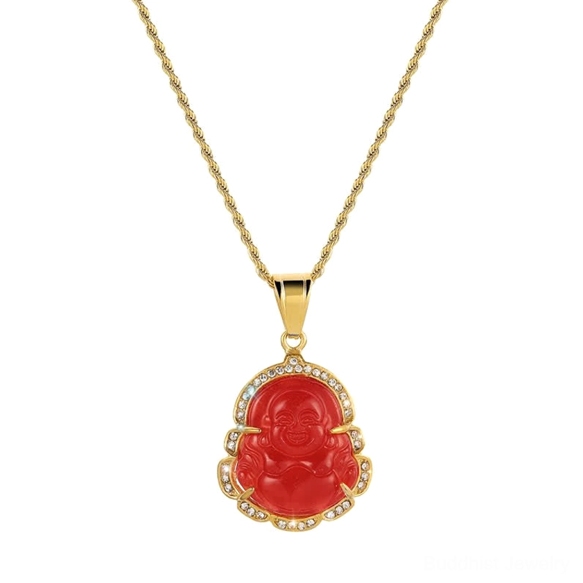 Red jade Laughing Buddha necklace pendant on white background featuring vibrant red stone carved Buddha with gold-filled protective frame