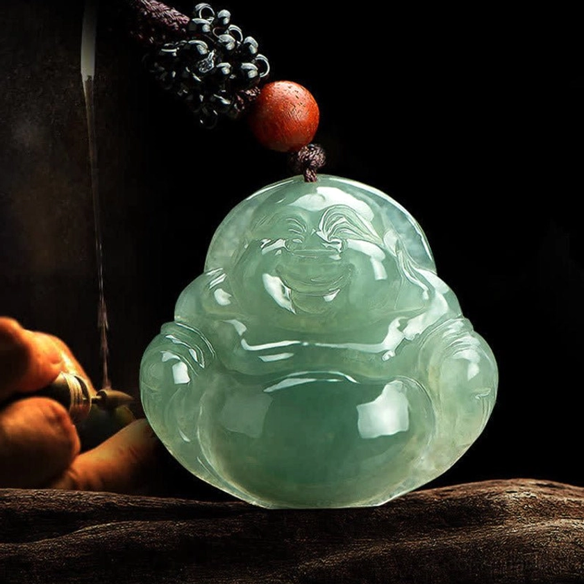 Full rounded Laughing Buddha jade body pendant with plump cheerful form, green jade with dark red bead and black braided cord necklace